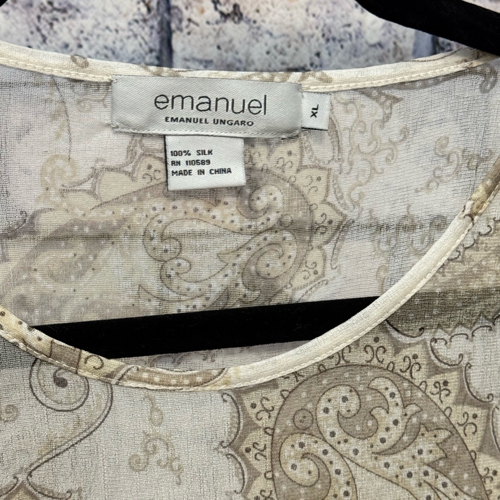 Emanuel Ungaro Fine Silk Long Sleeve Top sz XL Paisley Print Sheer Lux - Picture 2 of 4